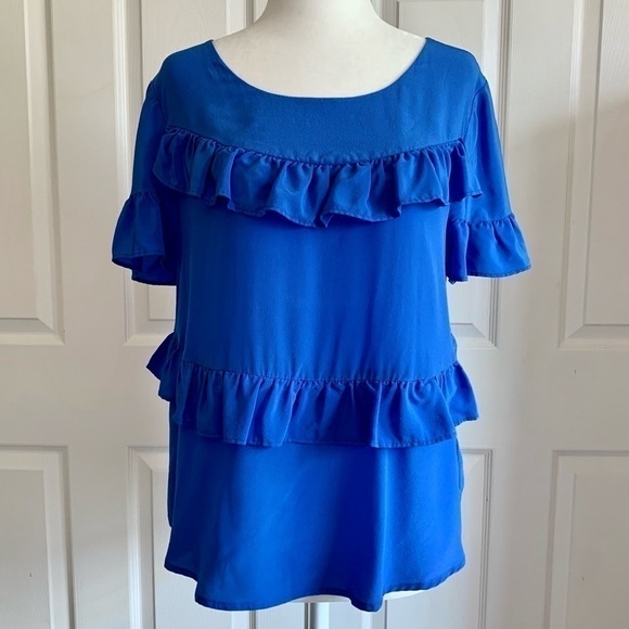 HD in Paris Anthropologie Blue Ruffle Silk Blouse - Picture 1 of 5